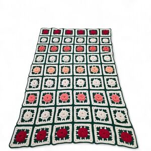 Handmade Crochet Knit Throw Granny Blanket 3D Afghan Roses Square Floral Cottage